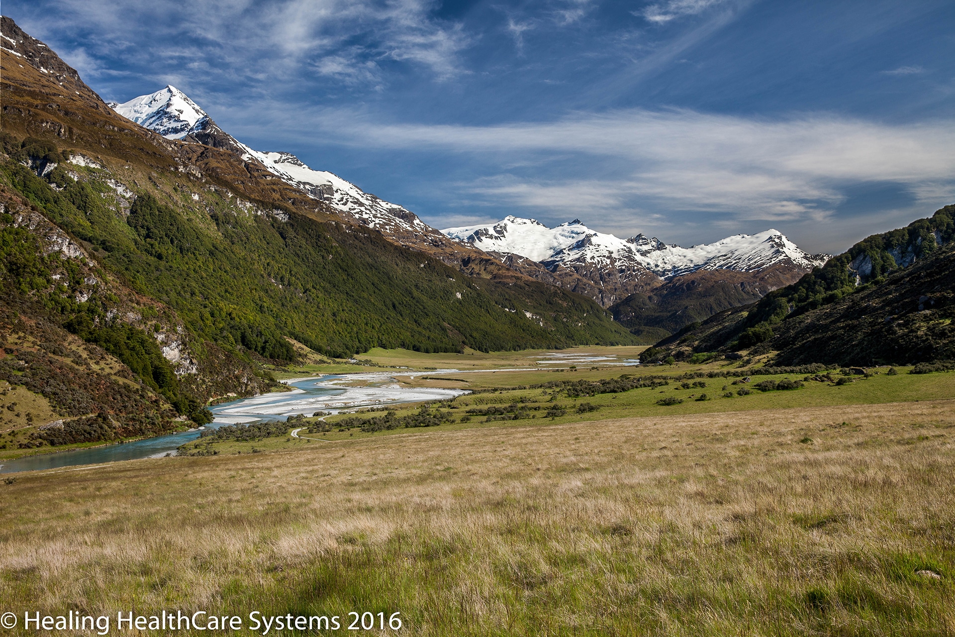 The braided rivers winding through Rees Valley.