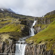 Iceland grass covered rocks and waterfalls